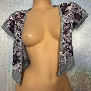 Y2K newspaper cardigan shrug short sleeve silver sparkly glitter buttons Celebs